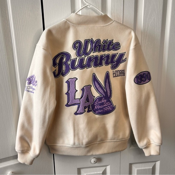 Alcott Women’s White Bunny Purple Patches Bomber Varsity Jacket Size Small Lined - Picture 9 of 12